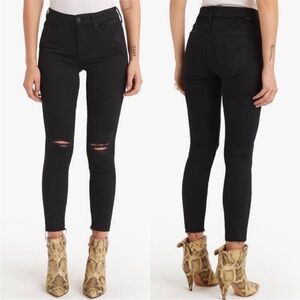 MOTHER Looker Ankle‎ Fray Jeans in Guilty as Sin Black Distressed Denim Size 28